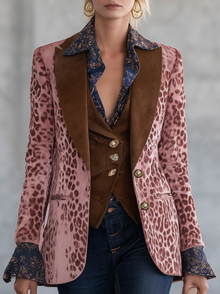 Veste Velours Rose à Imprimé Léopard - Chic Nomade Urbain avec Détails Marron