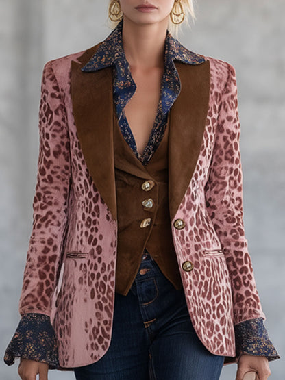 Veste Velours Rose à Imprimé Léopard - Chic Nomade Urbain avec Détails Marron