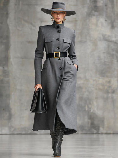 Chic Mi-Long en Laine Grise avec Boutons - Élégance Assurée