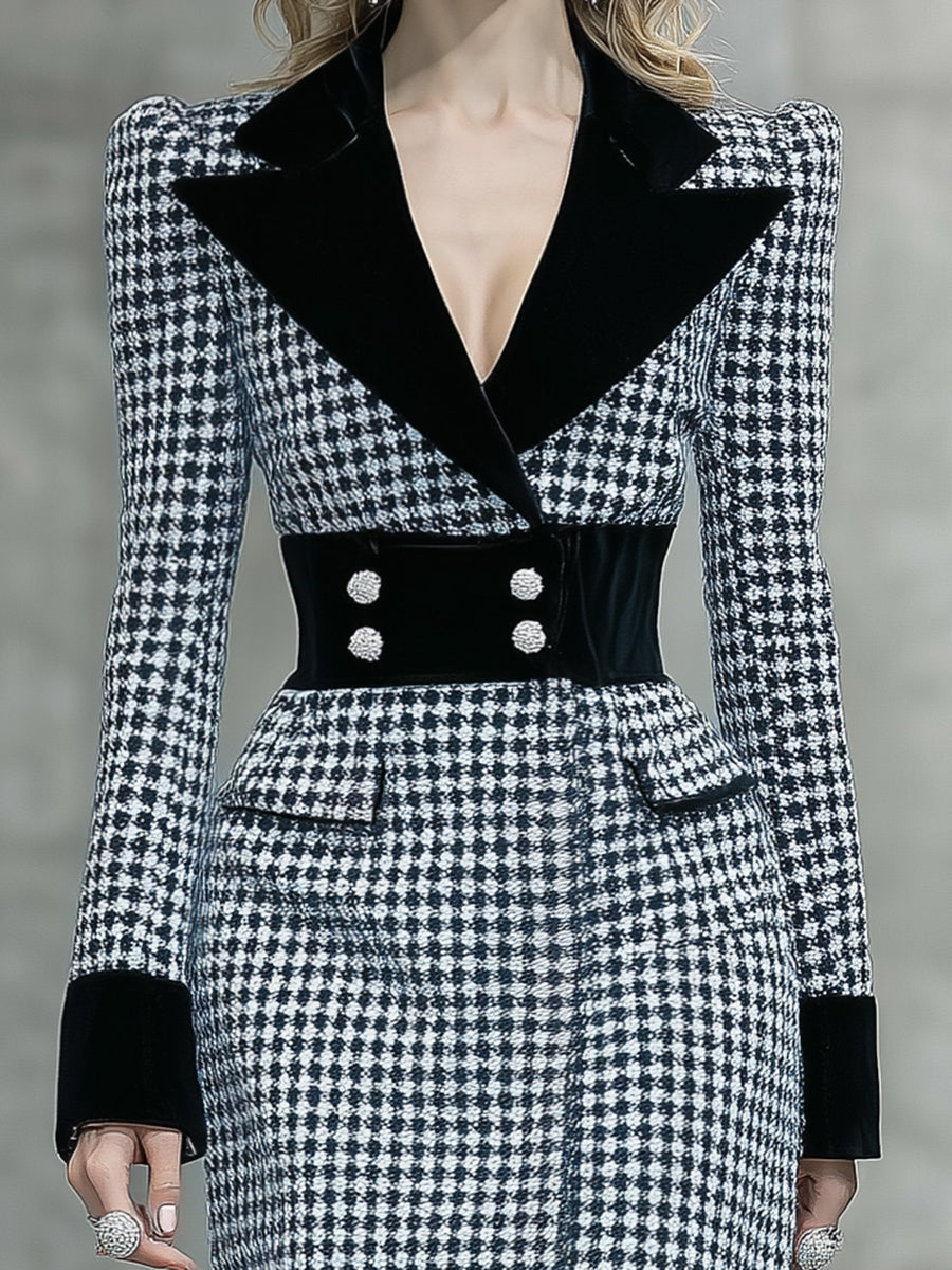 Élégante Robe Midi Houndstooth avec Col en Velours Noir - Un Incontournable Tendance