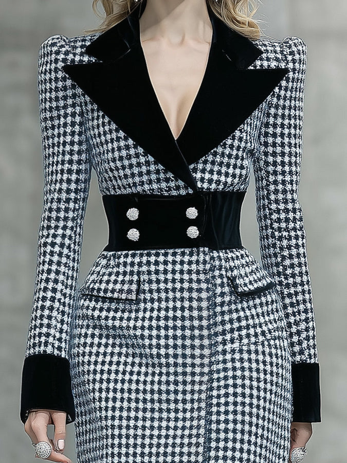 Robe Midi Houndstooth Élégante avec Col en Velours Noir – Un Must-Have Tendance