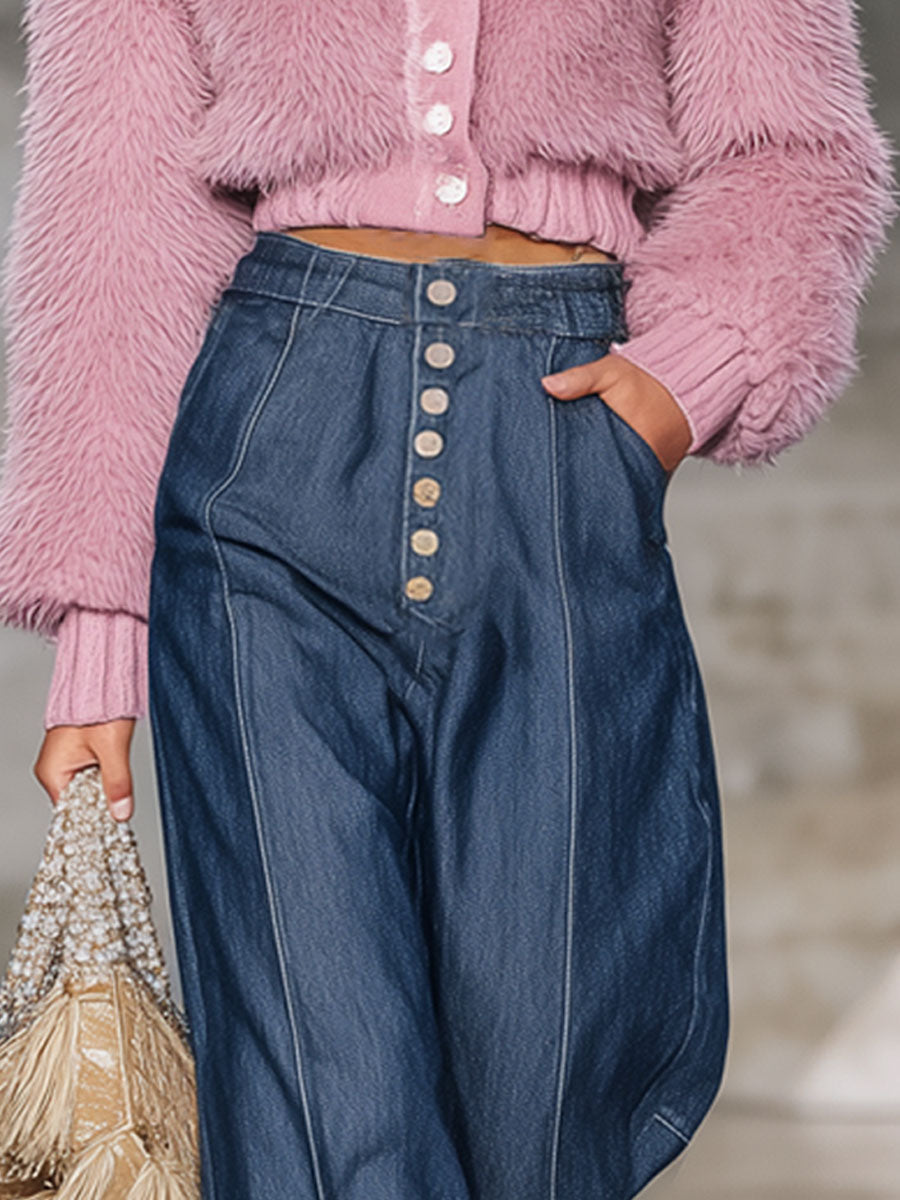 Jean Oversize en Denim Noir avec Franges Vintage
