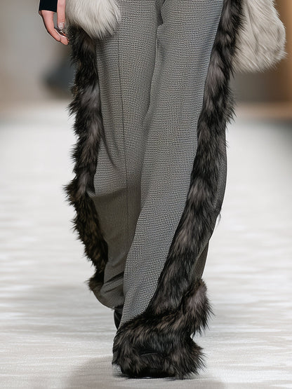 Chic Pantalon à Carreaux Gris avec Élégante Bordure en Fausse Fourrure