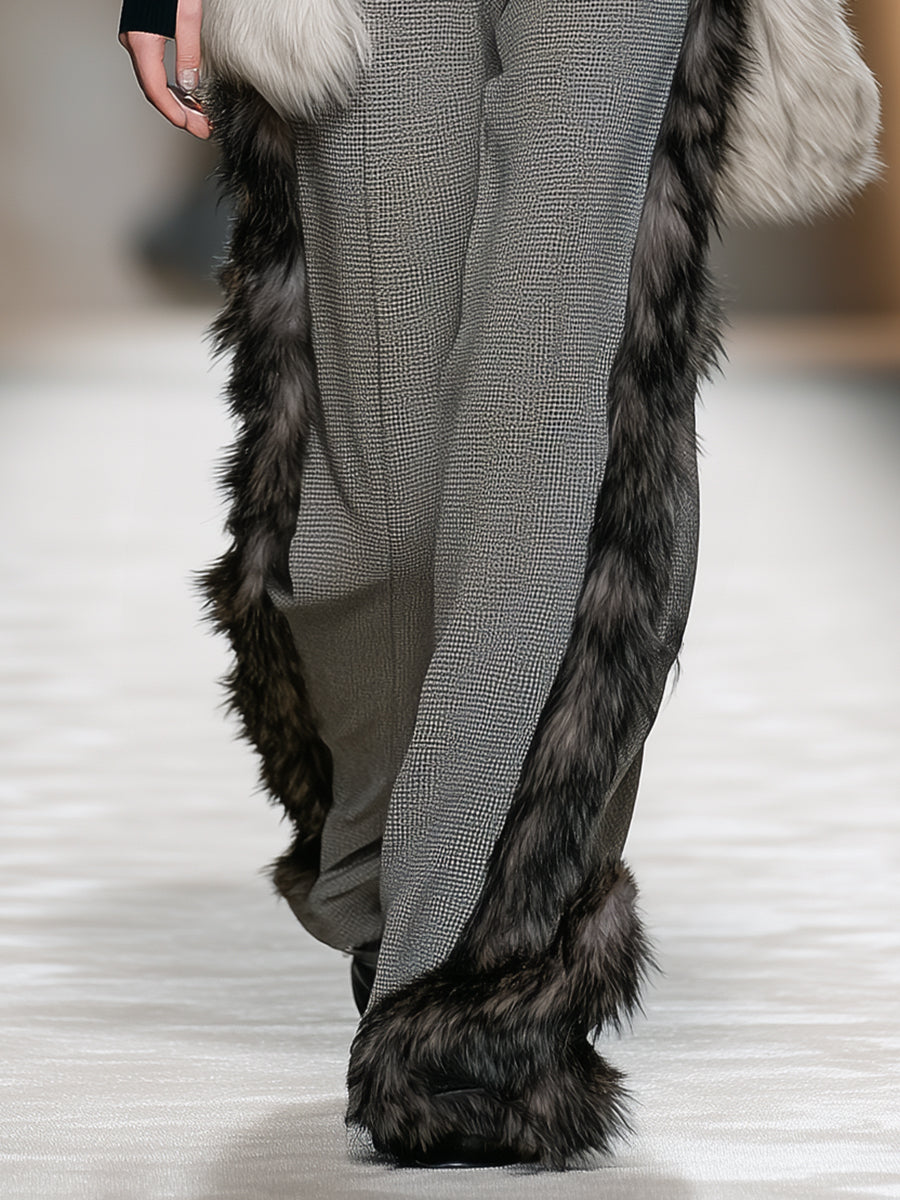 Stylish Grey Plaid Trousers with Luxe Faux Fur Trim