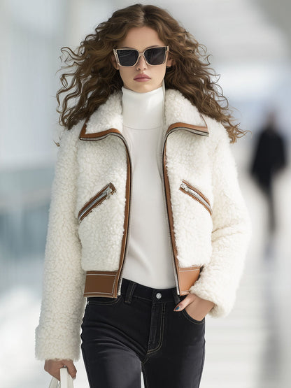 Veste Écologique en Laine de Mouton avec Poche Zippée et Accents en Cuir Synthétique