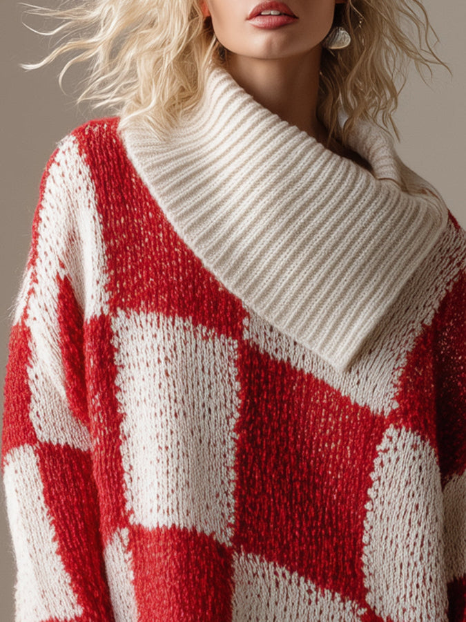 Robe Mini Tricotée à Col Asymétrique en Étoffe à Carreaux Rouges et Blancs