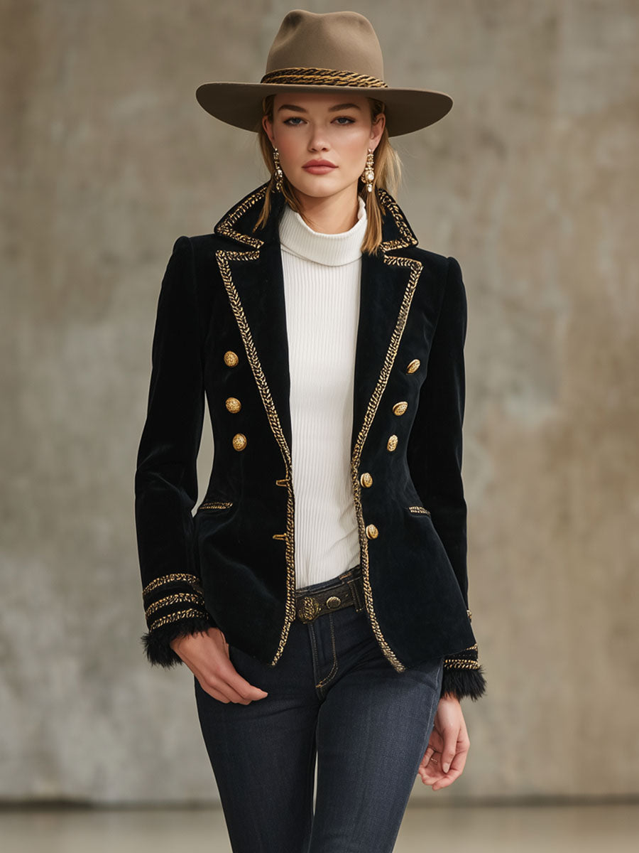 Veste en Velours Chic à Boutons avec Détails Contrastants