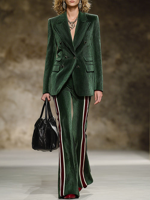 Ensemble Vintage en Velours Côtelé Vert Foncé : Veste Chic et Pantalon Évasé à Sangle