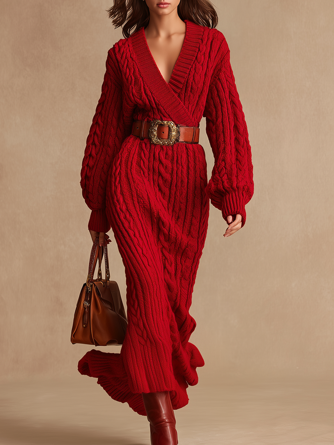 Maxi Robe en Tricot Câble à Manches Longues et Décolleté en V au Style Rétro Élégant