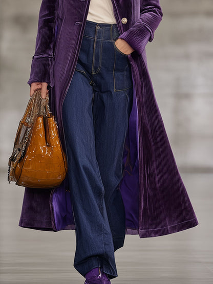 Veste Longue en Velours Côtelé Violet Rétro avec Col en Fourrure Écologique