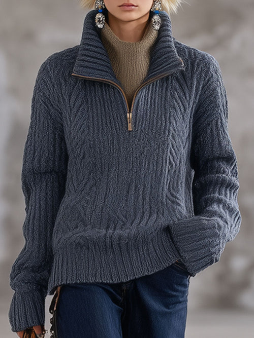 Pull mi-haut zippé en maille rétro gris-bleu