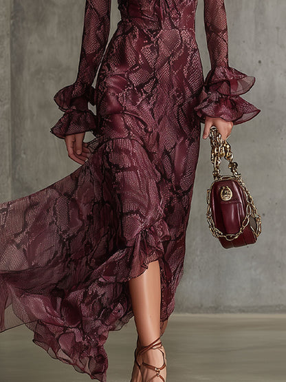Élégante Robe Maxi Longue en Chiffon Éléphant avec Motif Serpent Bordeaux