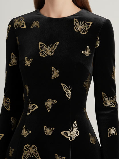 Robe Velours Élégante à Col Rond et Manches Longues, Ornée de Motifs de Papillons Dorés