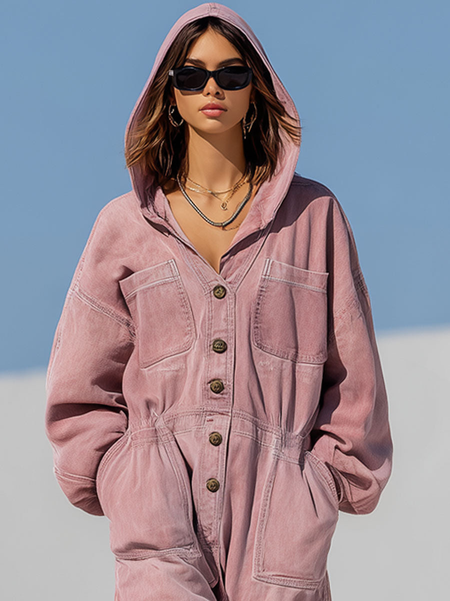 Combinaison Décontractée en Jean Rose avec Capuche