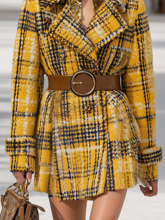 Veste mi-longue à motifs tartan jaune vintage