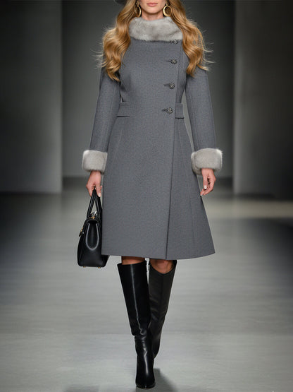 Élégant Manteau en Laine Grise avec Col en Fourrure Synthétique
