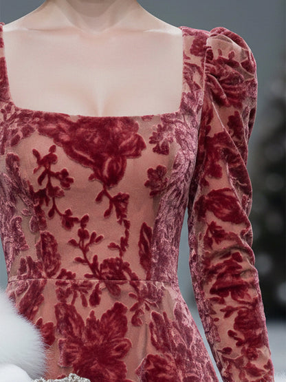 Robe Midi en Velours Dévoré Rose avec Col Carré en Fourrure Luxueuse