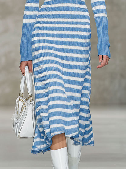 Robe Midi Rétro à Rayures Bleu et Blanc avec Demi-Zip