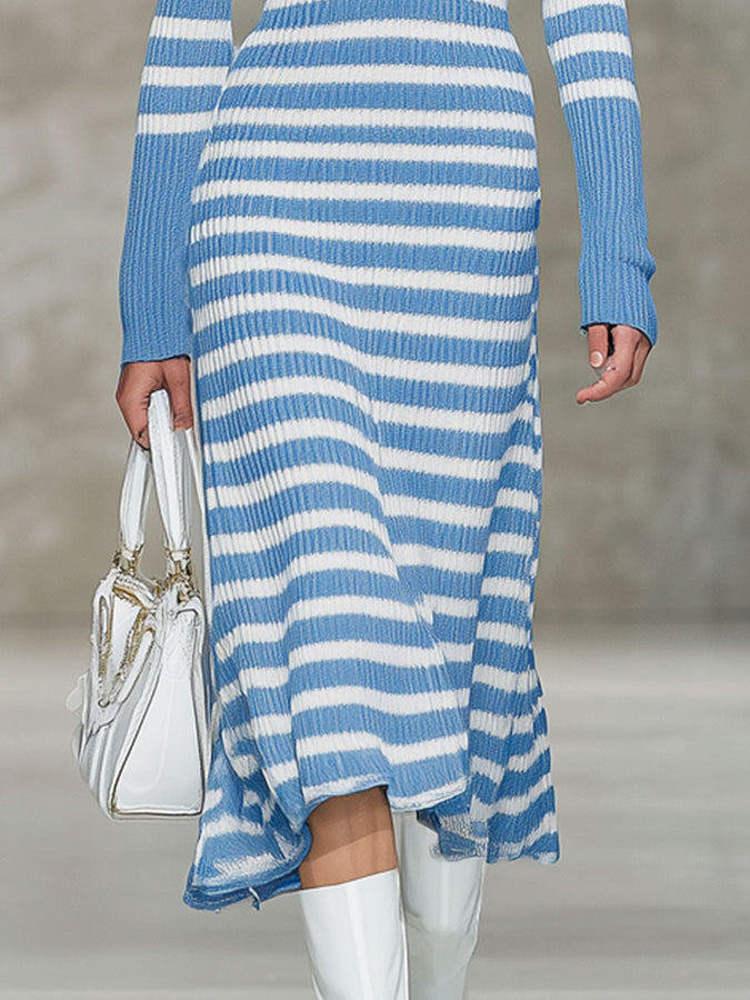 Robe Midi Rétro à Rayures Bleu et Blanc avec Demi-Zip