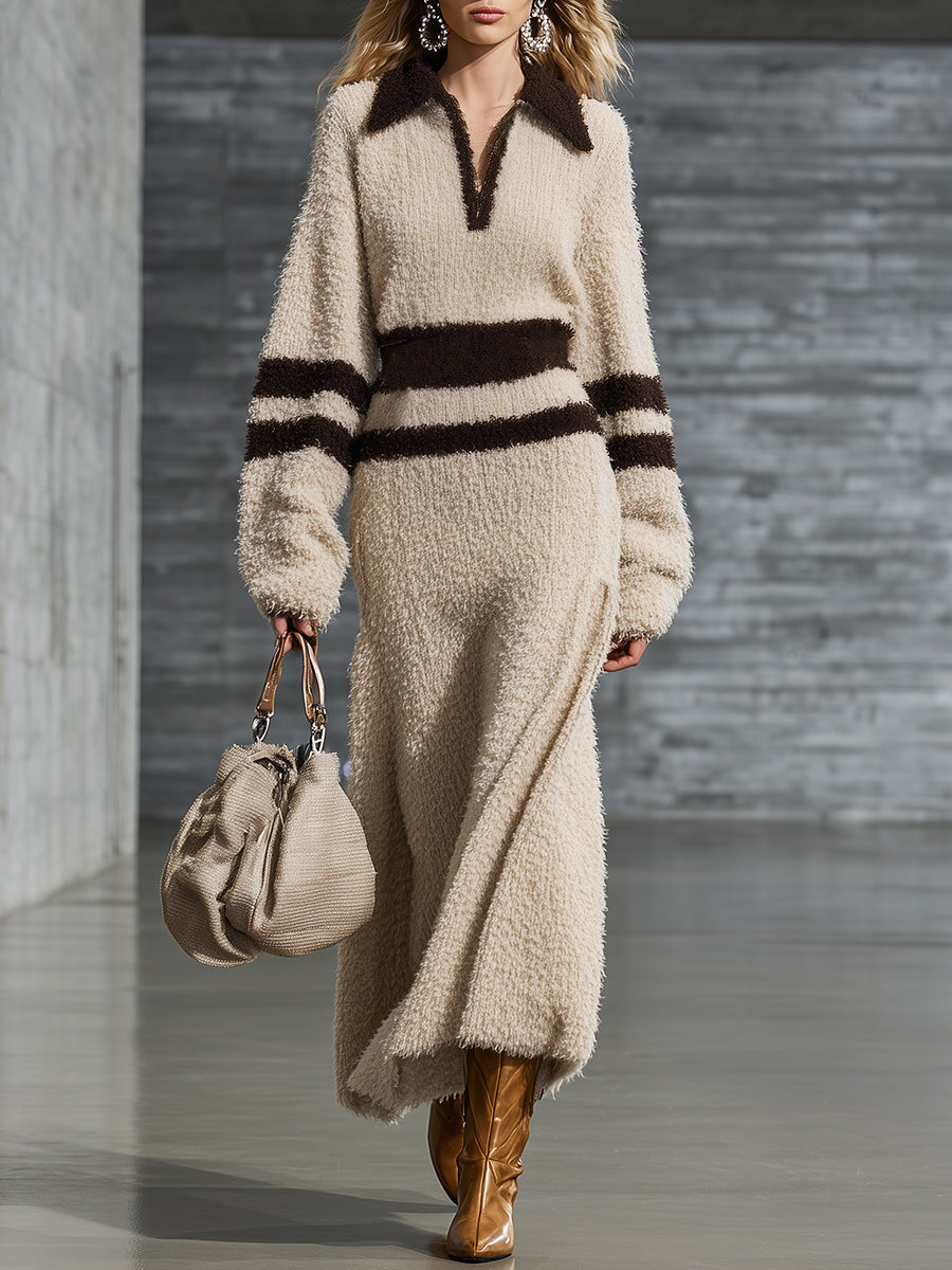 Robe Maxi en Fleece Corail avec Col Contrasté – Élégance Luxe