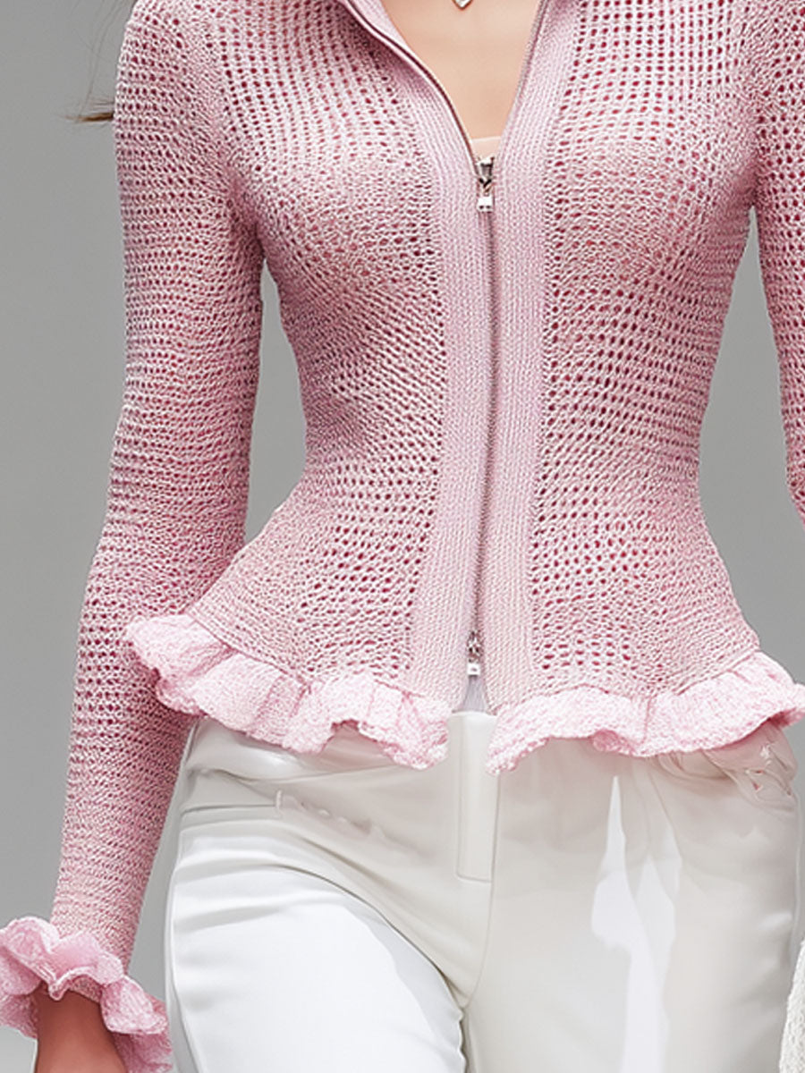 Cardigan Aéré Rose avec Col Montant, Fermeture Éclair et Détails Volants