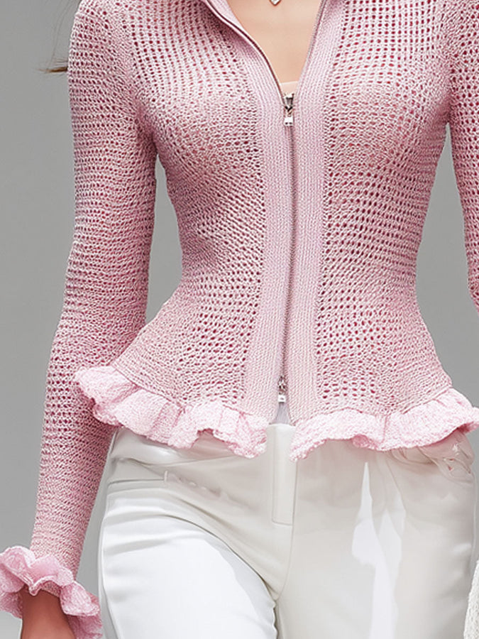 Cardigan Aéré Rose avec Col Montant, Fermeture Éclair et Détails Volants