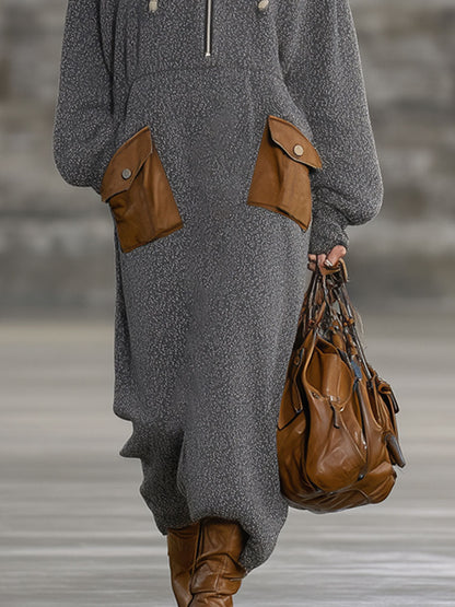 Décontracté Vintage : Robe Maxi Zippée à Capuche en Gris