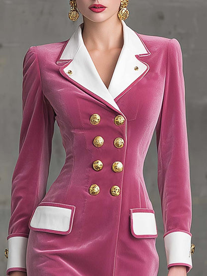Robe Midi en Velours Rose avec Col Notch Contrasté, Élégante et Raffinée, à Double Boutonnage et Ourlet Lotus