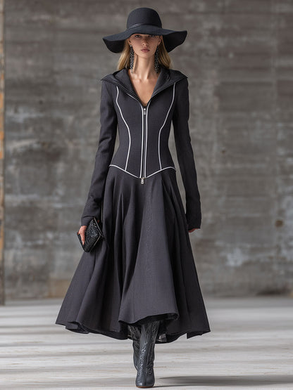 Robe Maxi Grise Rétro à Zip : Élégance Vintage