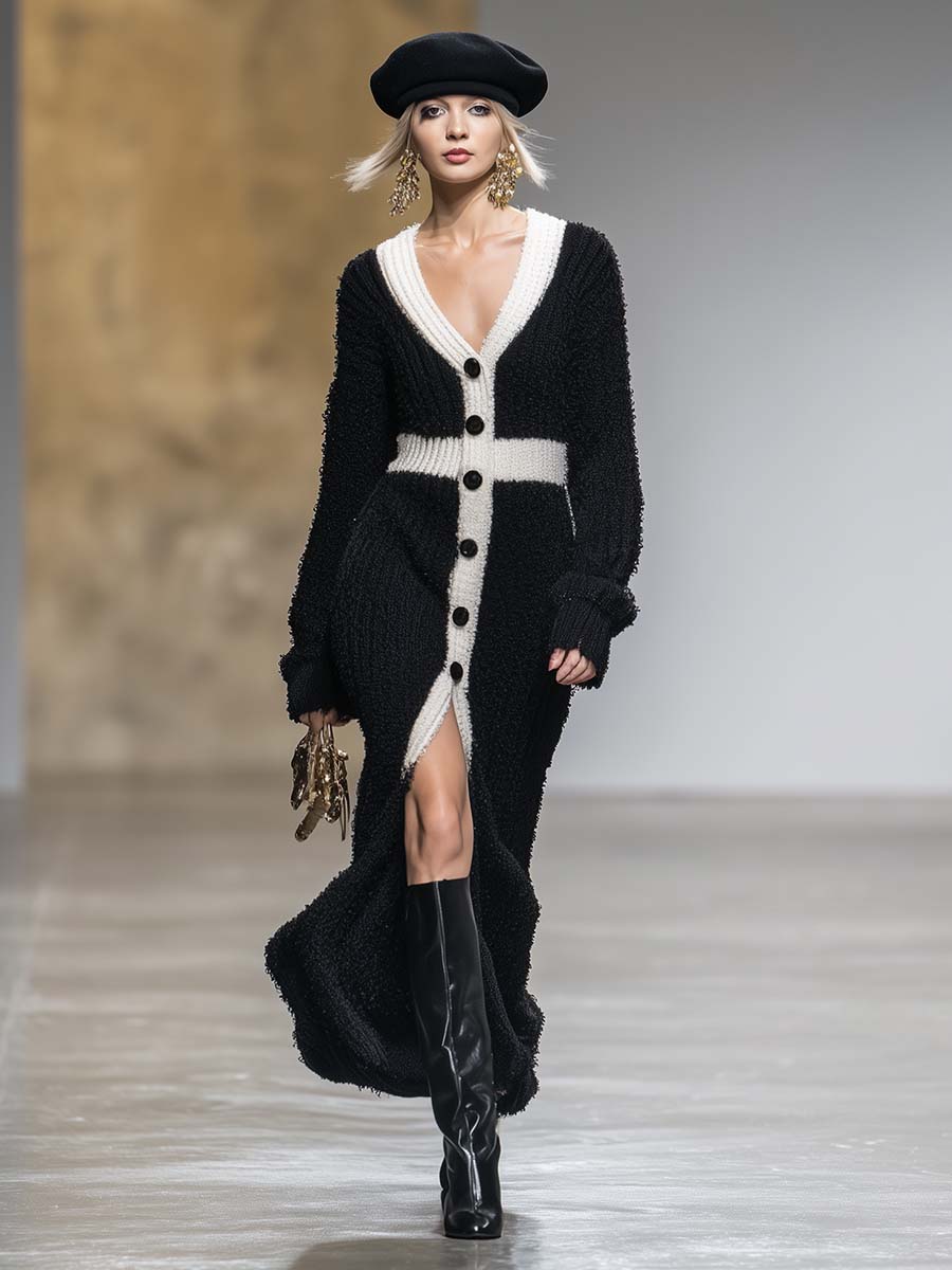 Robe Maxi Noire Tricotée avec Boutons Avant - Décolleté en V et Détails Blancs dans un Style Rétro Élégant