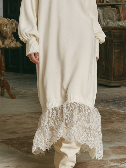 Robe Maxi Tricotée Blanche avec Élégant Col en Dentelle en Forme de Feuille de Lotus
