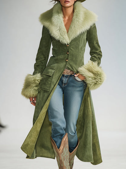 Veste Vintage en Suède Synthétique Verte avec Détails en Fausse Fourrure