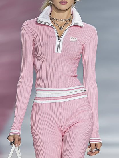 Ensemble Sportif Chic : Haut et Pantalon à Zip Demi-Ouvert en Rose