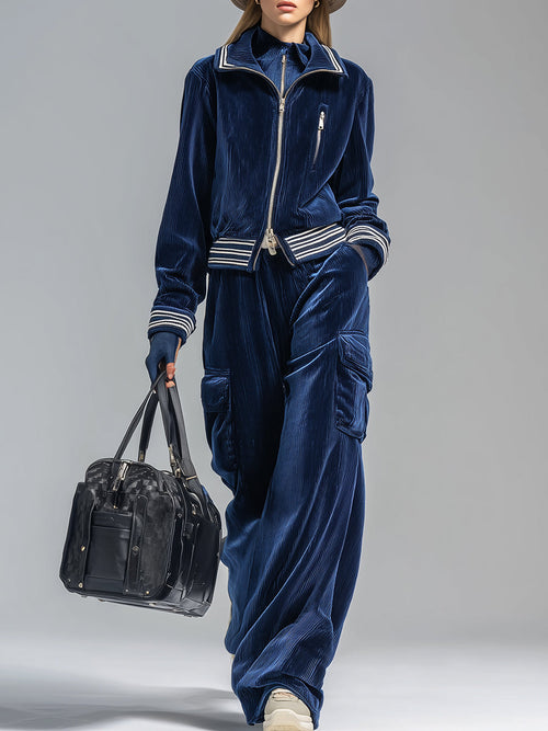 Ensemble Rétro en Cordon Bleu Foncé : Veste et Pantalon Chic