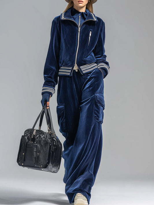 Ensemble Rétro en Cordon Bleu Foncé : Veste et Pantalon Chic