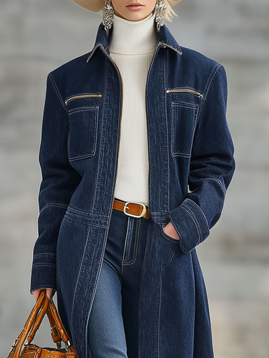 Veste en Denim Bleu Marine à Demi-Zip au Style Rétro Décontracté
