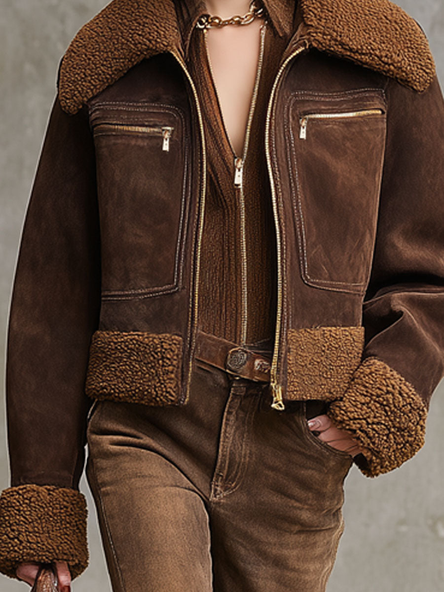 Veste Sherpa en Suède Synthétique avec Fermeture Éclair et Col Western