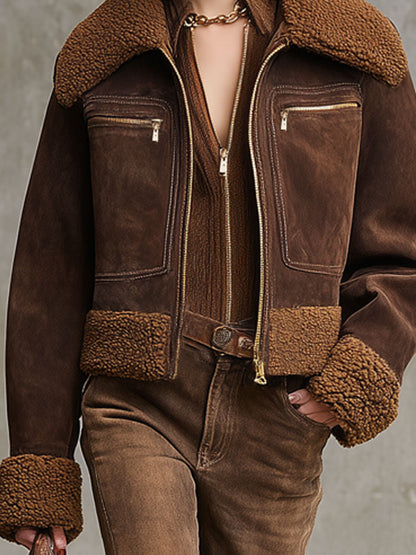 Veste Sherpa en Suède Synthétique avec Fermeture Éclair et Col Western