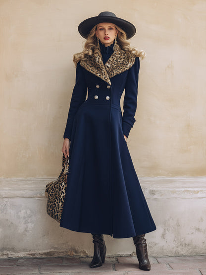 Chic Manteau Bleu Marine en Laine avec Col en Fausse Fourrure Imprimé Léopard