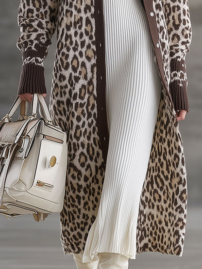 Retro Brown Leopard Print Knit Cardigan