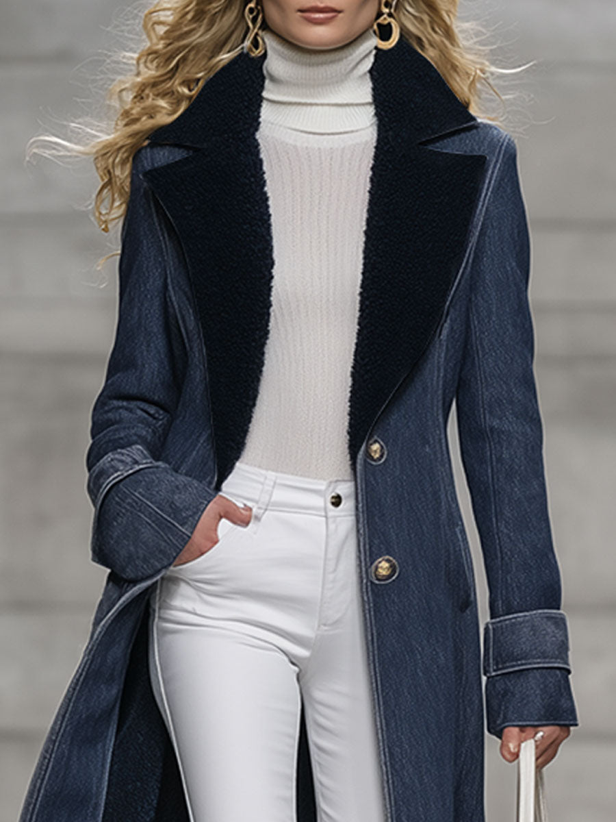 Veste en Denim Bleu Marine Doublée en Polaire au Style Vintage