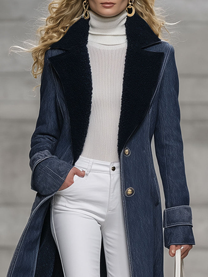 Veste en Denim Bleu Marine Doublée en Polaire au Style Vintage