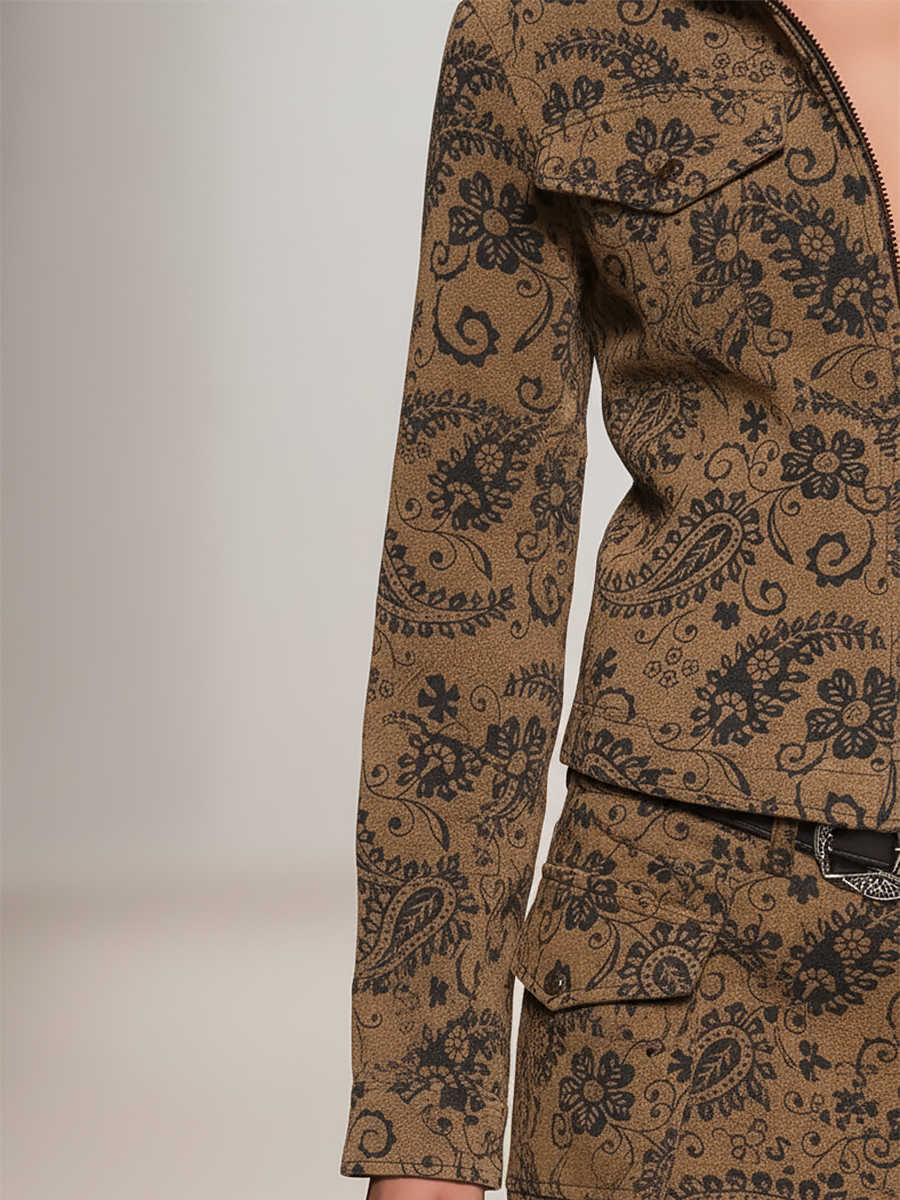 Veste et Jupe en Faux Suède avec Imprimé Paisley au Style Western Vintage