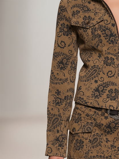 Veste et Jupe en Faux Suède avec Imprimé Paisley au Style Western Vintage