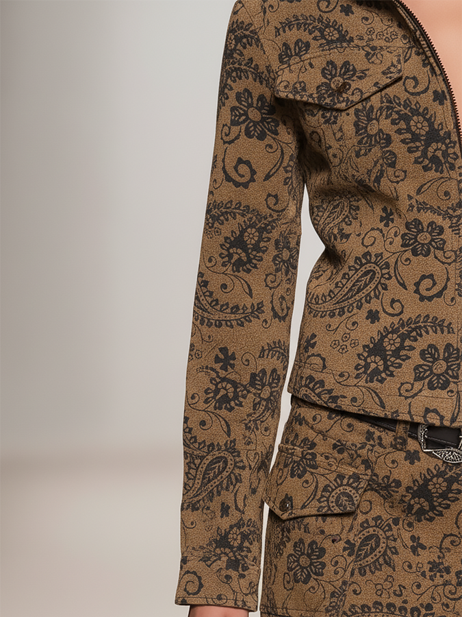 Veste et Jupe en Faux Suède avec Imprimé Paisley au Style Western Vintage