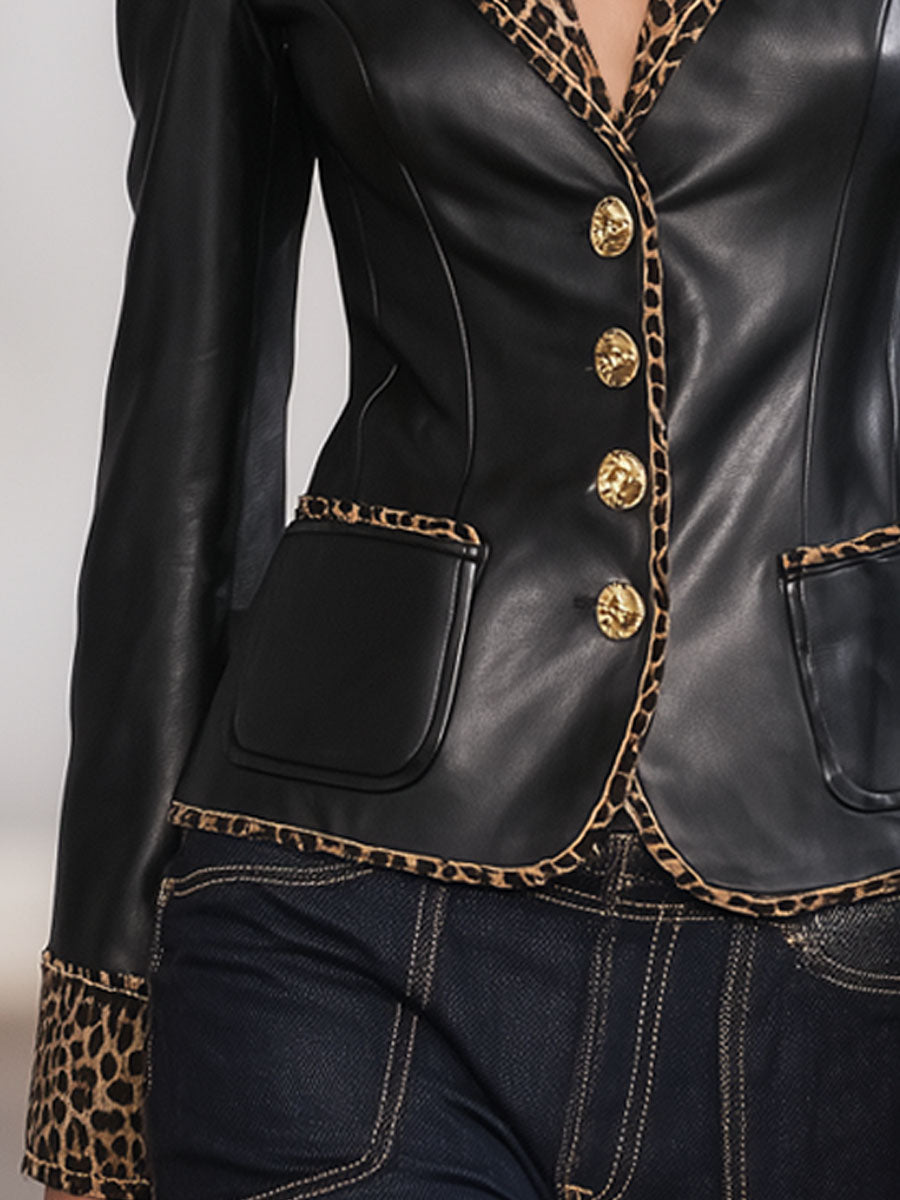 Blazer Casual en Simili Cuir à Boutonnage Unique avec Imprimé Léopard
