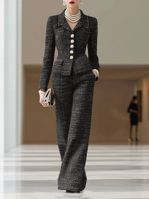 Ensemble Chic de Pantalons Amples en Tweed Noir à Boutons