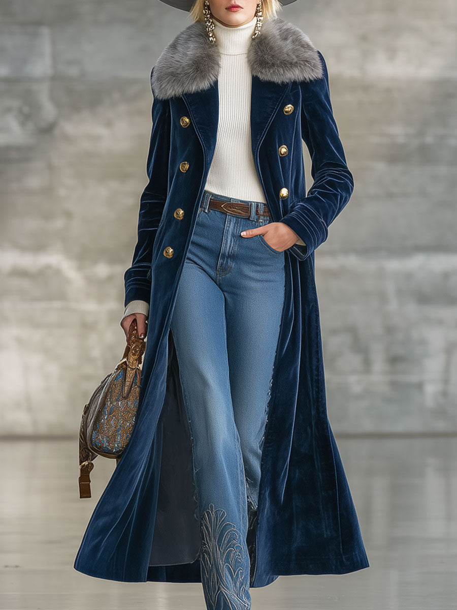 Longue Manteau en Velours Bleu Marine avec Col en Fourrure Vintage