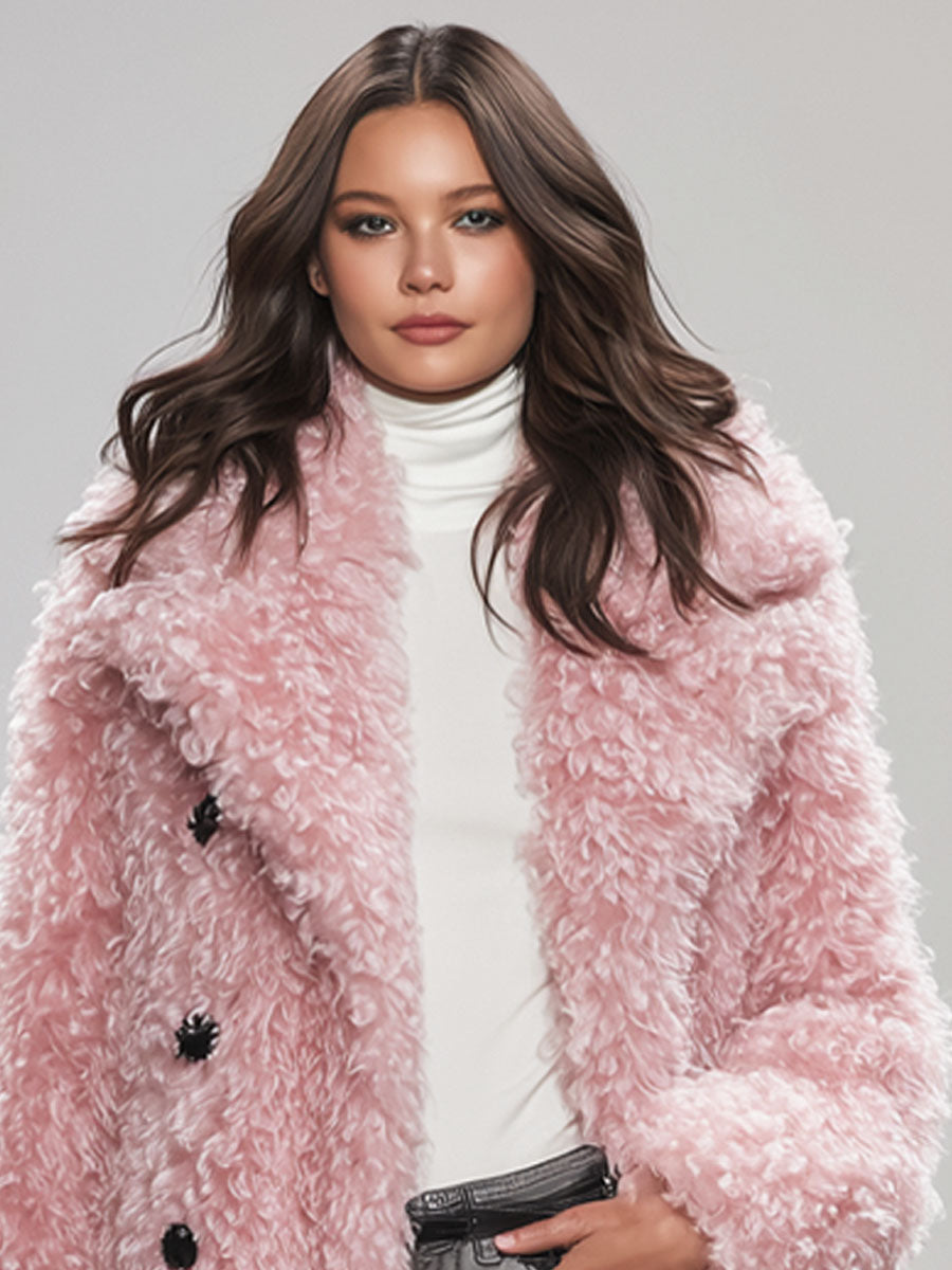 Veste en fausse fourrure bouclée rose avec bouton élégant au col