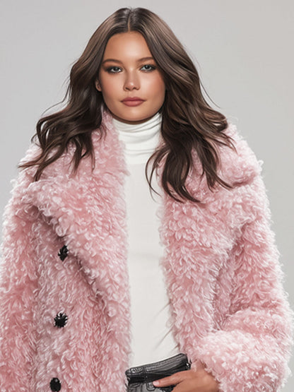 Veste en fausse fourrure bouclée rose avec bouton élégant au col